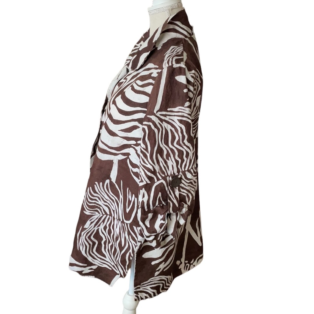 Jones New York 100% Linen Jacket Chocolate Brown & White Leaf Print Size S - Picture 4 of 8